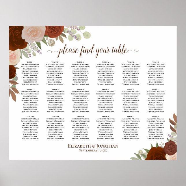 Poster 18 Table Rustic Autumn Roses Wedding Seating Chart (Frente)