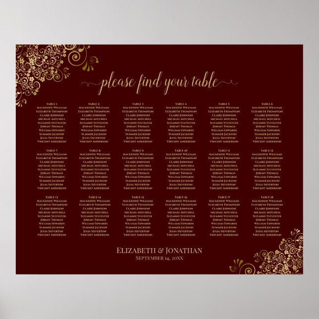 Poster 18 Table Wedding Seating Chart Auburn & Lacy Gold (Frente)