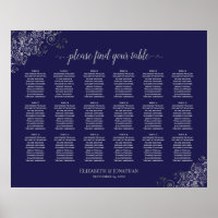 18 Table Wedding Seating Chart Silver on Navy Blue