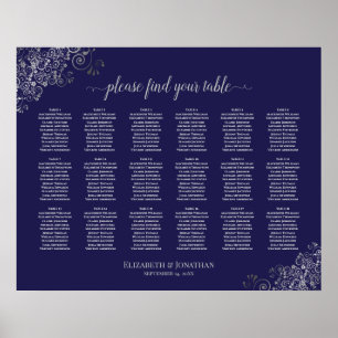 Poster 18 Table Wedding Seating Chart Silver on Navy Blue