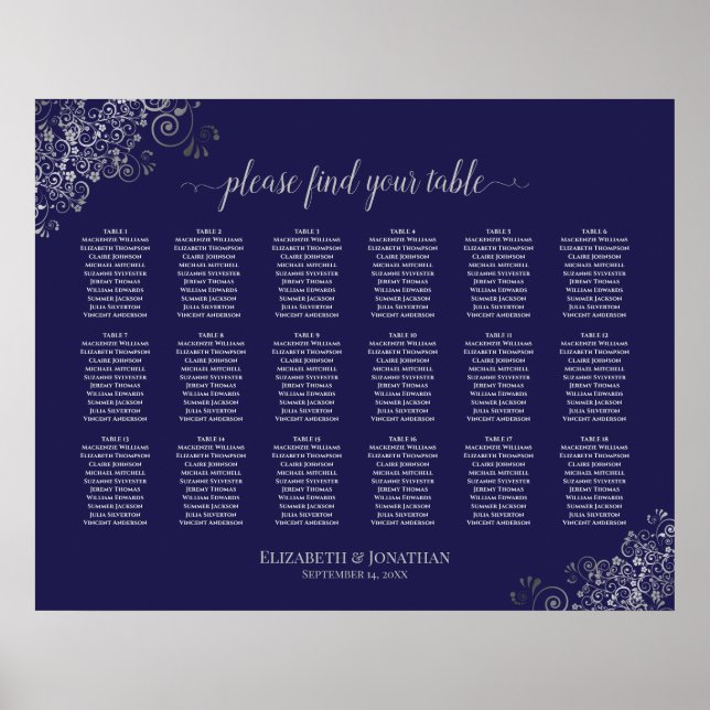 Poster 18 Table Wedding Seating Chart Silver on Navy Blue (Frente)