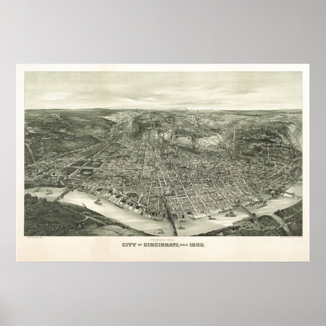 Poster 1900 Cincinnati, OH Birds Olhos Ver Mapa Panorâmic (Frente)