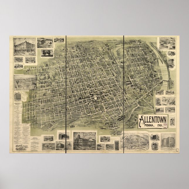 Pôster 1901 Allentown, PA Birds Eye Ver Mapa Panorâmico (Frente)