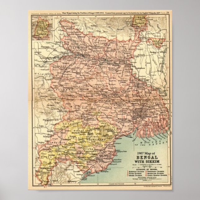 Poster 1907, Map, Bengal, Sikkim, Índia (Frente)