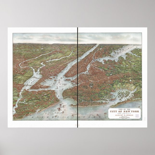 Poster 1907 Mapa Panorâmico Olho de Aves de Nova Iorque e (Frente)