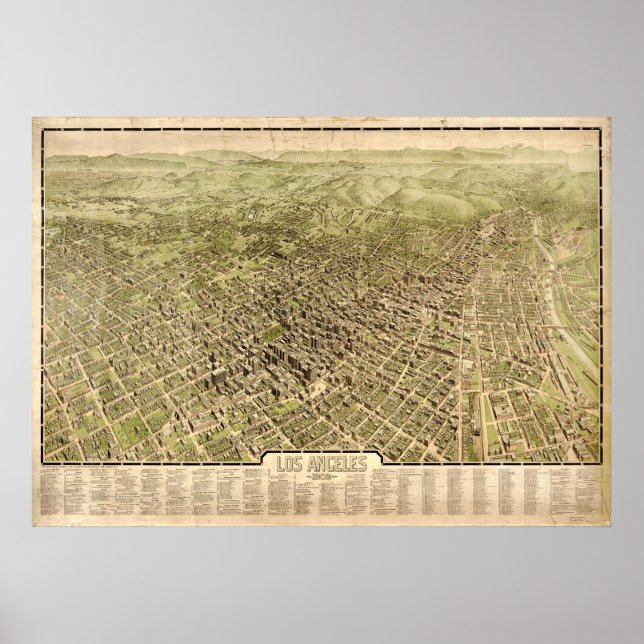 Poster 1909 Los Angeles, CA Birds Eye Ver Mapa Panorâmico (Frente)