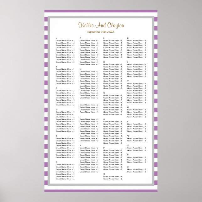 Poster 190 Purple/White Stripes Wedding Seating Chart (Frente)