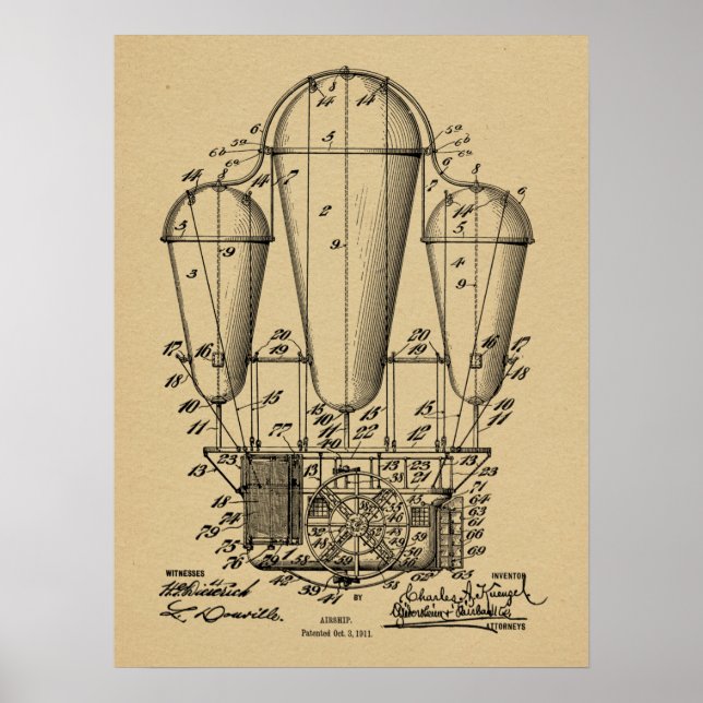 Pôster 1911 Old Airship Balloon Patent Art Drawing Print (Frente)