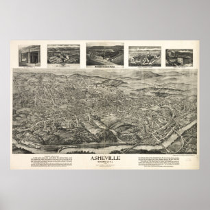 Pôster 1912 Asheville, NC Birds Eye Ver Mapa Panorâmico