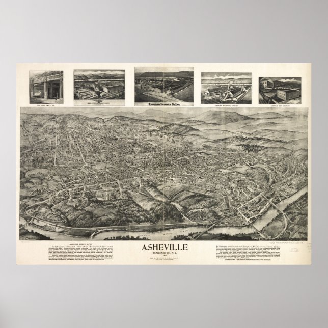 Pôster 1912 Asheville, NC Birds Eye Ver Mapa Panorâmico (Frente)