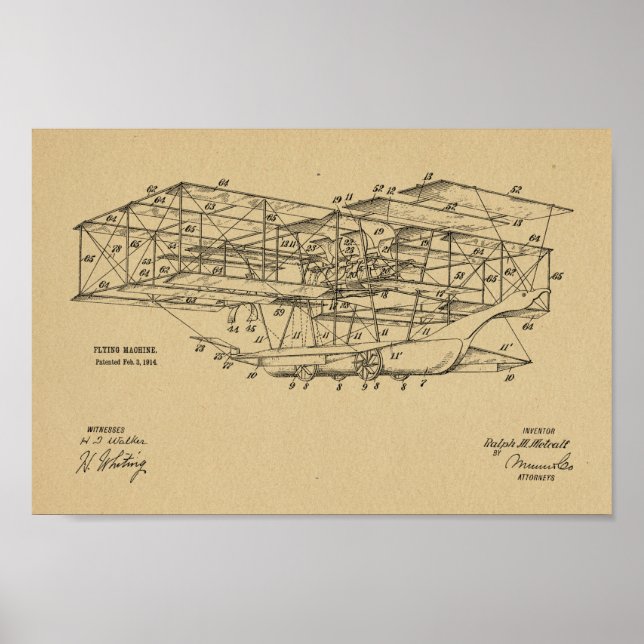 Poster 1914 Máquinas Voadoras Desenho de Arte de Patentes (Frente)