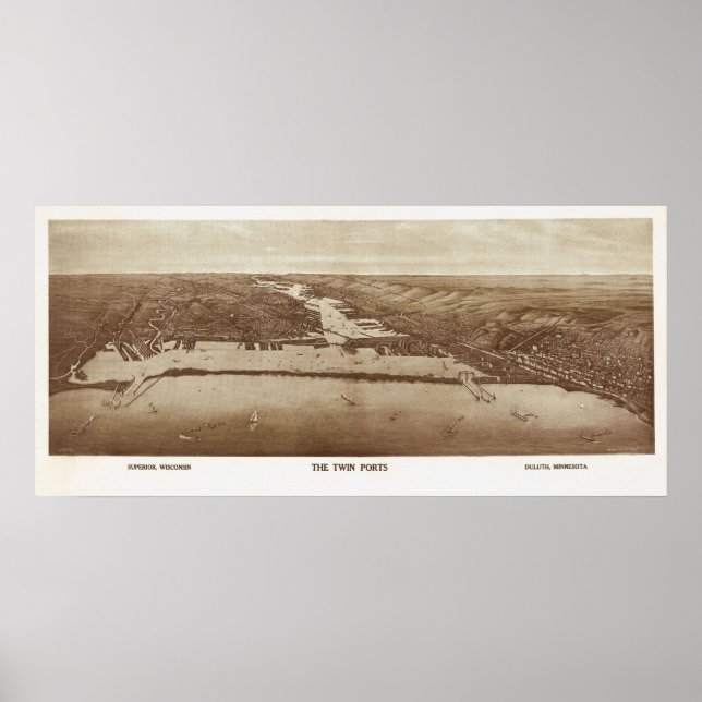 Pôster 1915 Superior, WI & Duluth, MN Birds Eye View (Frente)