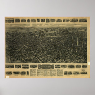 Poster 1917 Waterbury CT Birds Olhos Ver Mapa Panorâmico