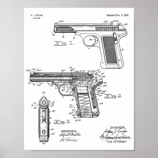 Pôster 1919 Hand Gun Patent Art Drawing Print (Frente)