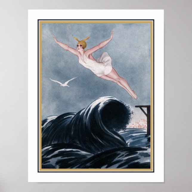 Poster 1920. Art Deco "Voando Sobre As Ondas" (Frente)
