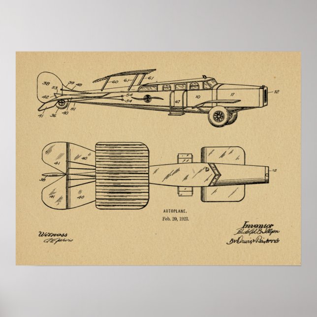 Pôster 1923 Flying Car Autoplane Patent Art Drawing Print (Frente)
