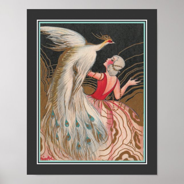 Poster 1924 Art Deco "Girl With White Peacock" (Frente)