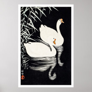 Poster 1928 Ohara Koson Gansos Chineses Brancos Nadando