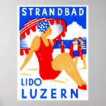 Poster 1929 Art Deco Strandbad Lido Luzern<br><div class="desc">C. 1929 Art Deco poster promovendo a praia frontal do lago de Strandbad Lido em Luzern / Lucerne Suiça.</div>