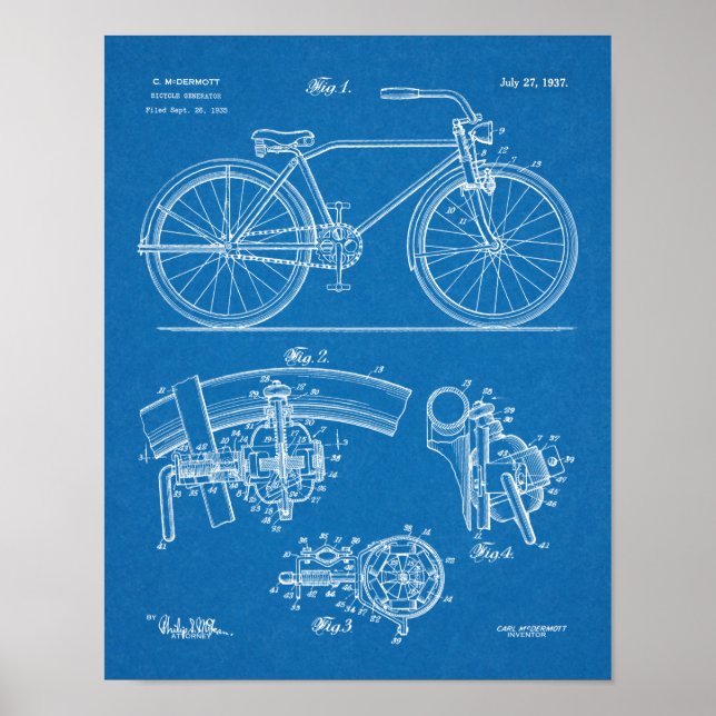 Poster 1937 Bicycle Generator Design Patent Art Print (Frente)