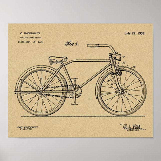 Poster 1937 Bicycle Headlamp Design Patent Art Print (Frente)