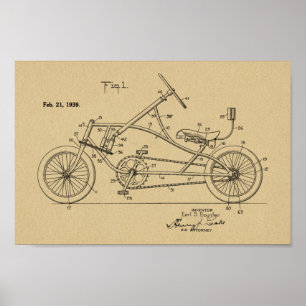 Poster 1939 Vintage Recumbent Bicycle Design Patent Art P
