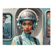 1950 Retro Futurismo Mulher Negra em leme plexigla