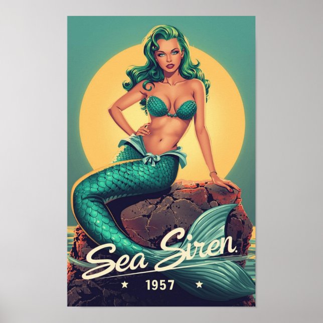 Poster 1950s Mermaid Pin-Up – Retro Sea Siren Pop Art  (Frente)