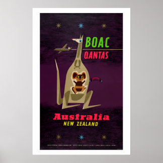Poster 1950s Qantas Airlines Australia New Zealand