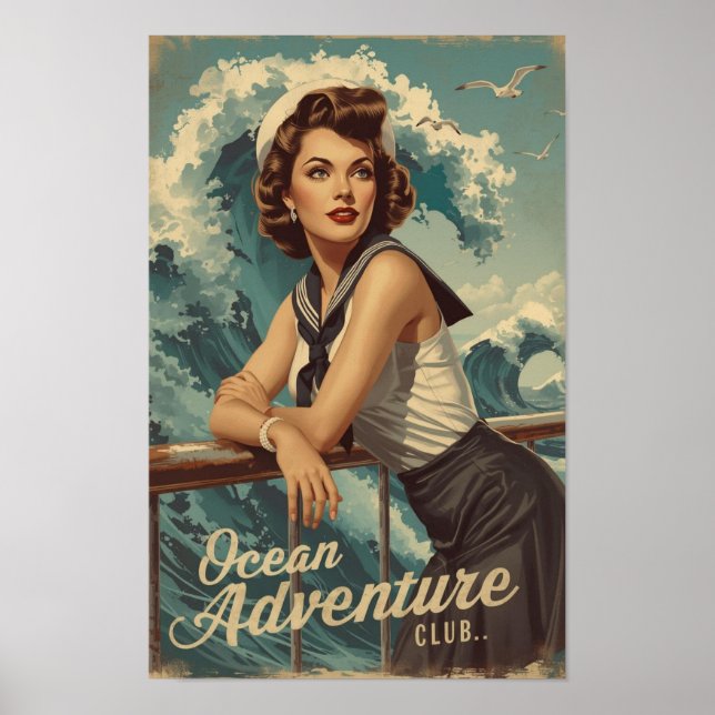 Poster 1950s Sailor Pin-Up Art – Retro Nautical Cruise Po (Frente)
