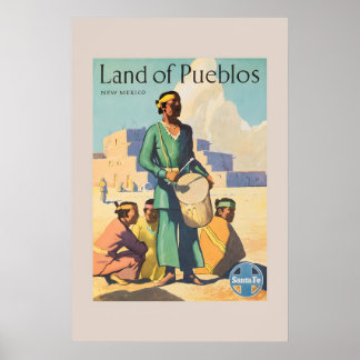 Poster 1950s Santa Fe Land of Pueblos New Mexico Vintage