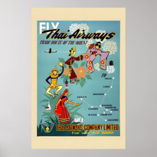 Poster 1950s See Thailand via Thai Airways Vintage Style