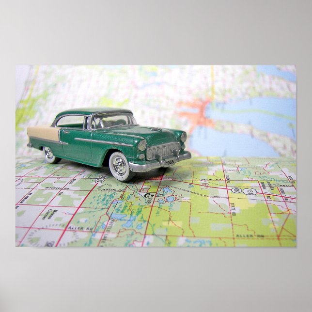 Poster 1955 Carro em um Mapa Rodoviário (Frente)