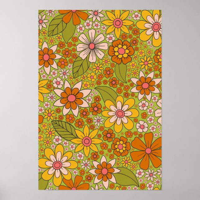 Poster 1960, 1970 Retro Floral Verde e Laranja (Frente)