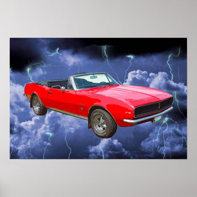 Poster 1967 Red Camaro Muscle Car and Lightning Bolts (Frente)