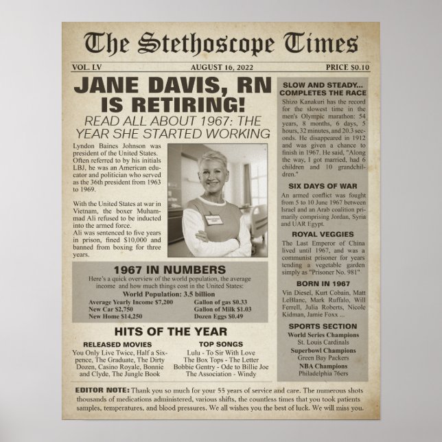 Poster 1967 Stethoscope Times for Nurse Retirement Party  (Frente)