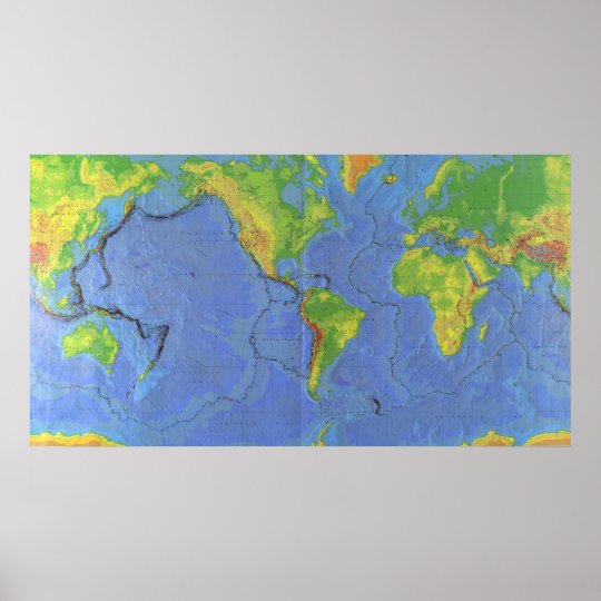 Poster 1994 Mapa Do Mundo Fisico Placas Tectonicas Zazzle Com Br