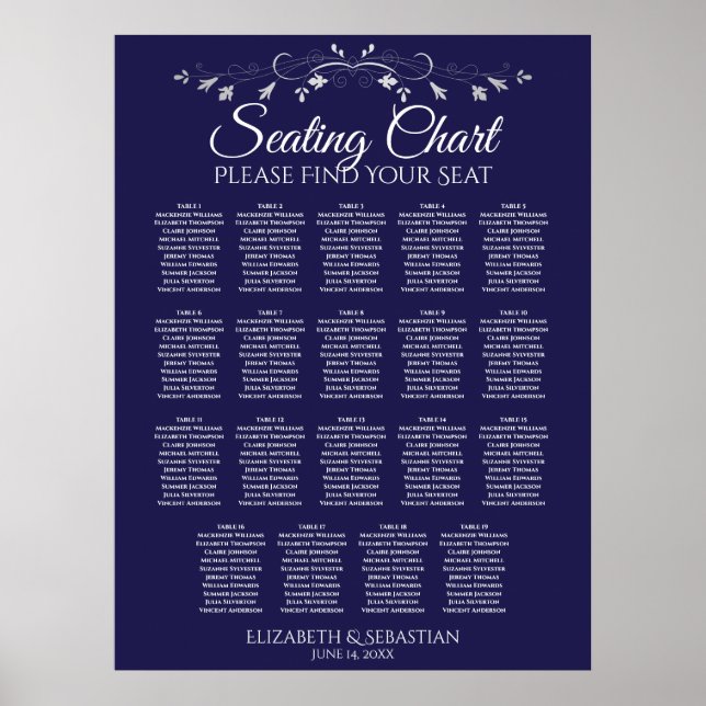 Poster 19 Table Elegant Navy Blue Wedding Seating Chart (Frente)