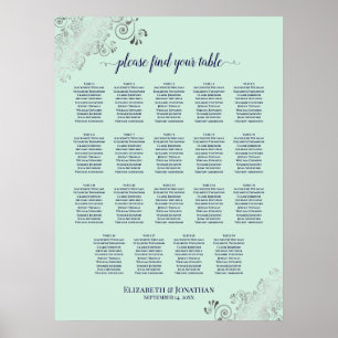 Poster 19 Table Mint Green & Navy Wedding Seating Chart
