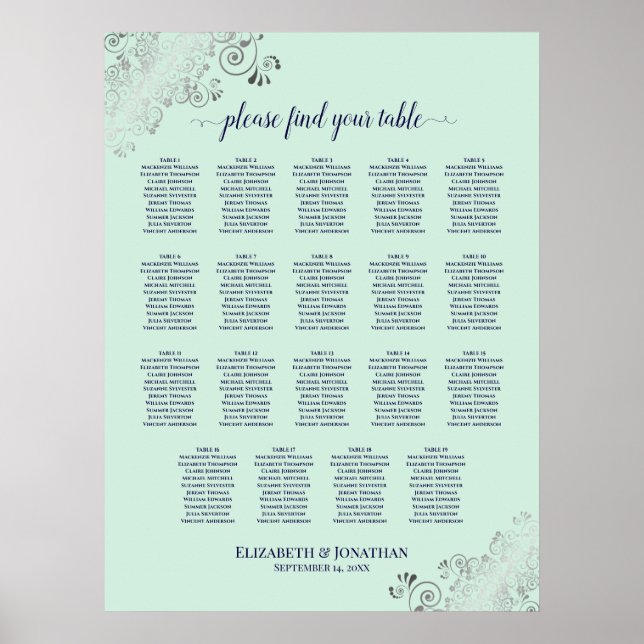 Poster 19 Table Mint Green & Navy Wedding Seating Chart (Frente)