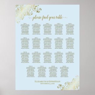 Poster 19 Table Powder Blue & Gold Wedding Seating Chart