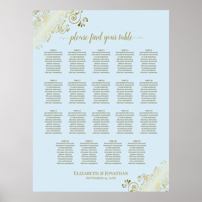 Poster 19 Table Powder Blue & Gold Wedding Seating Chart (Frente)