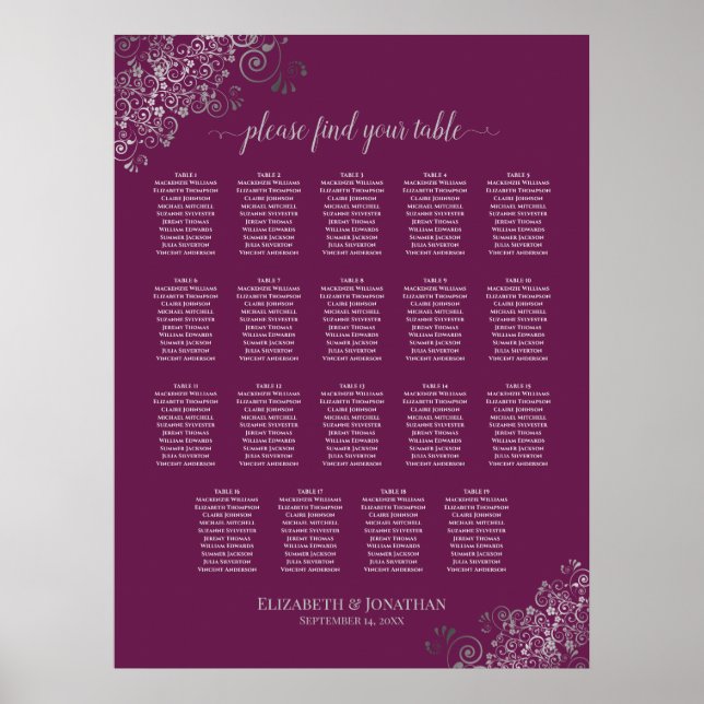 Poster 19 Table Silver on Cassis Wedding Seating Chart (Frente)