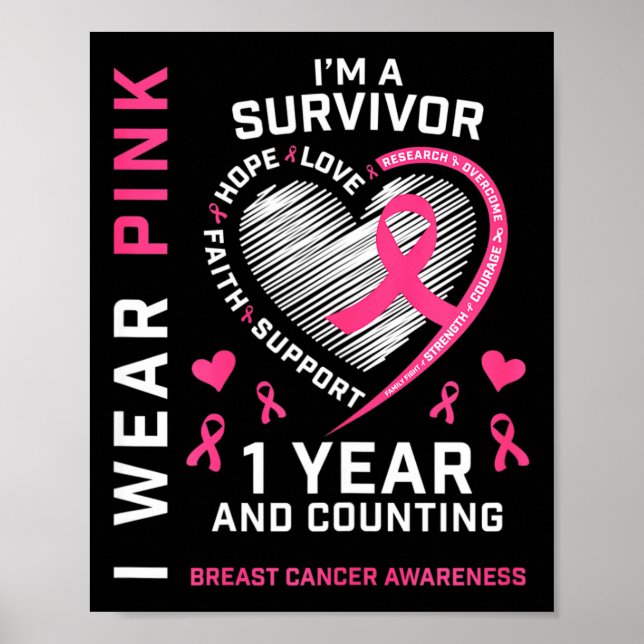 Poster 1 ano de Cancer grátis mãe cor-de-rosa consciência (Frente)