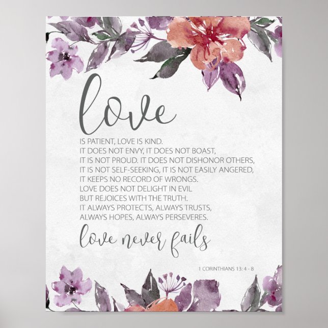 Poster 1 Corinthians 13:4-8 Amor Nunca Falha Floral (Frente)