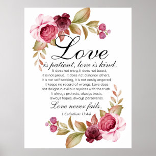 Poster 1 Corinthians 13:4-8 O amor é a Bíblia Floral do D