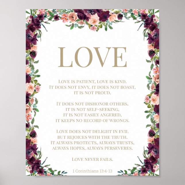 Poster 1 Corinthians 13 Bíblia de amor Verse Floral (Frente)