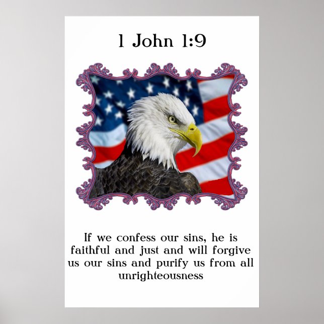 Poster 1 John 1:9 Com Águia em frente à bandeira american (Frente)
