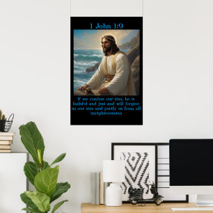Poster 1 John 1:9 com um barco velho no oceano calmo