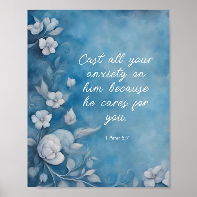 Poster 1 Peter 5:7 “Cast All Your Anxiety” Blue Floral (Frente)
